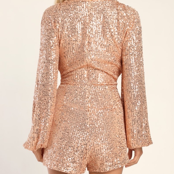 Lulu’s Pink Sequin “You Glow Girl” Rose Gold Wrap Skort Romper - Picture 7 of 7